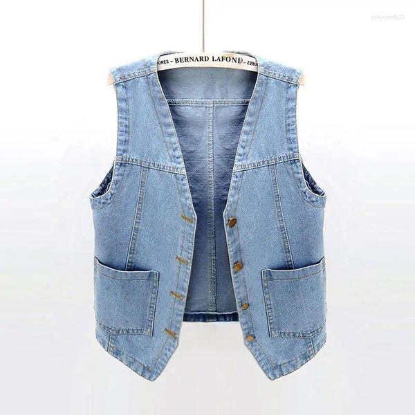 Jaquetas femininas moda com decote em v denim coletes mulheres primavera verão curto sem mangas jaqueta casual single-breasted oversize jean colete