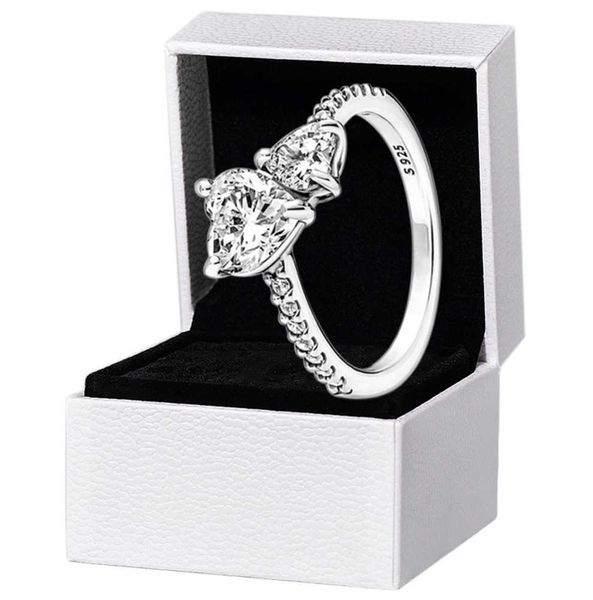 Anéis de casamento Nova chegada Double Heart Heart Sparkling Ring Solid 925 Silver Women Ndiary Gift Jewelry for Pandora Lover CZ Diamond Com Caixa de caixa original Corrente