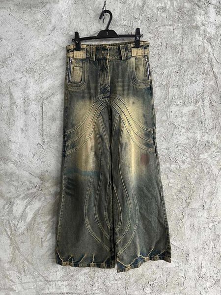 Calça jeans masculina vintage com pinturas aleatórias, pernas largas, 2 cores