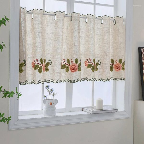 Cortina flor renda valances sheer café cozinha cortinas curtas bordado floral videira padrão janela rústica decoração de casa 1 painel