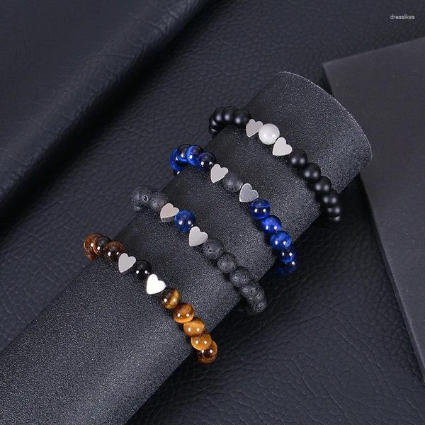 Charme pulseiras conjunto pulseira casais distância preto obsidian frisado pedra tigre olho amor coração yogabraceletes para amantes elasticropejewelry