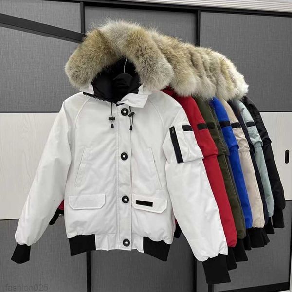 Designer canadense Mens piloto para baixo jaqueta real lobo pele com capuz lona parkas carta remendo quente grosso outwear mulheres inverno gansos coatdw51