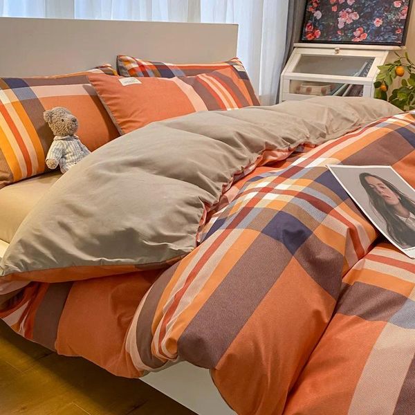 Bettwäsche-Sets, japanisches Plaid, einfache gewaschene Baumwolle, vierteiliges Set, einfarbig, Spannbetttuch, Bettbezug, Bettdecke