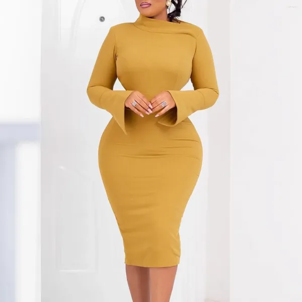 Vestidos casuais outono elegante escritório lápis trabalho bodycon vestido mulheres oblíqua pescoço manga comprida cor sólida slim moda negócios commuter