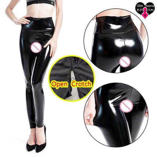 Calças femininas capris mulher sexy flash couro aberto virilha calças látex leggings ocultos zíperes lápis sexo ao ar livre alta ascensão clubwear erótico pul231121