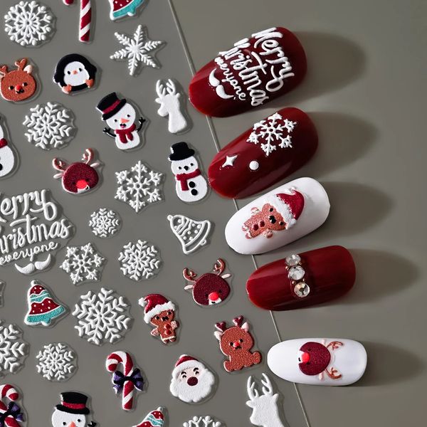 Наклейки-наклейки Рождество 5D Тисненый снеговик Снежинки Наклейки для дизайна ногтей 8*10 см Мультфильм Санта-Клаус Лось Рождественская наклейка DIY Маникюрные наклейки * 231120