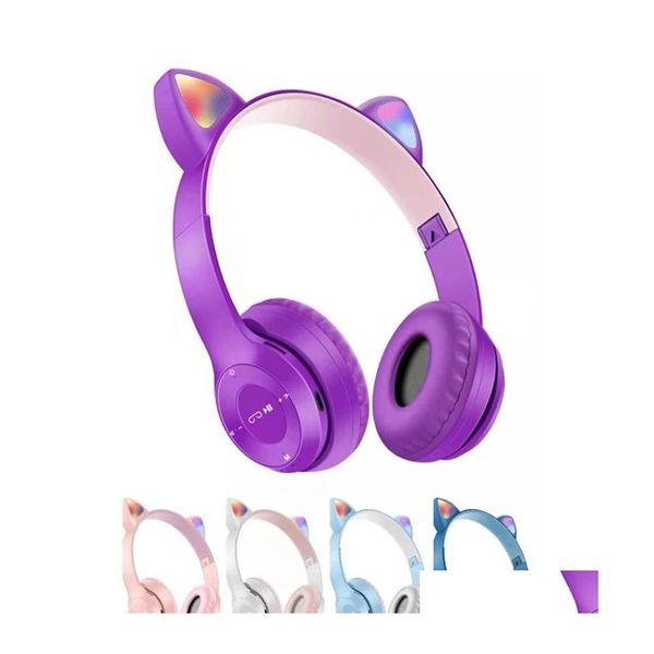 Kopfhörer Ohrhörer Nette Katzenohren Bluetooth Drahtloser Kopfhörer Mit Mic Noise Cancelling Kind Mädchen Stereo Musik Helm Telefonköpfe Dhknw