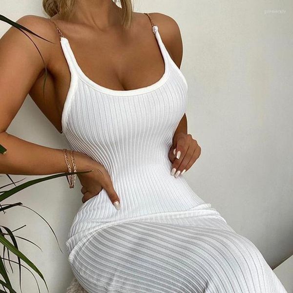 Lässige Kleider gestrickt weißes Kleid Party Sommer Frauen elegant geraffte Maxi lange Kettenriemen O-Ausschnitt gerippt sexy Nachtclub 2023