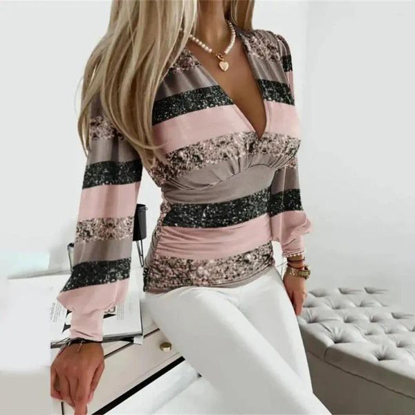 Blouses feminina Mulheres Slim Fit Shirt Camisa de lantejoulas elegante listrada Fall/Spring deco