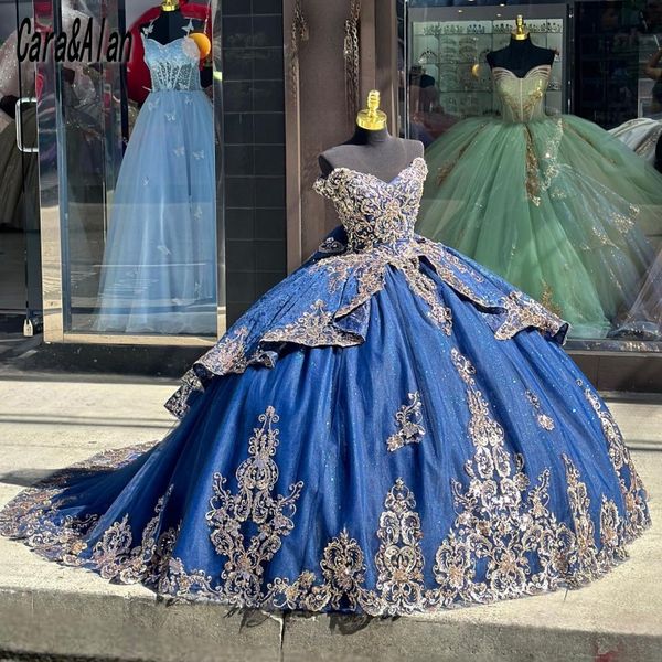 Блестящие платья Quinceanera, темно-синее бальное платье, вечернее платье на день рождения, с открытыми плечами и кружевными аппликациями, милое платье для выпускного вечера 15 лет