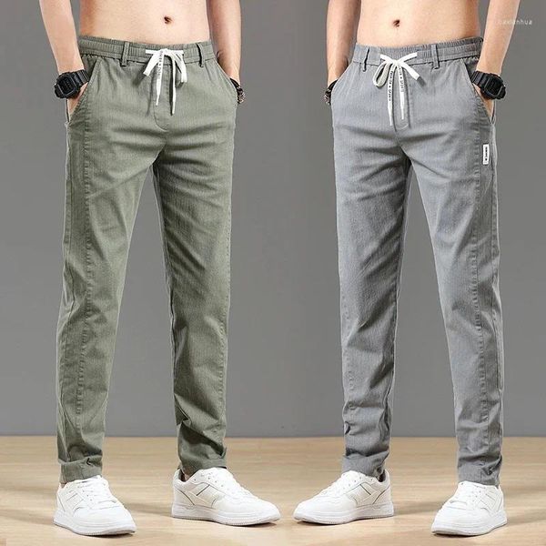 Calças masculinas outono magro em linha reta jogging cintura elástica moda coreano sweatpants carga masculino marca cinza preto azul