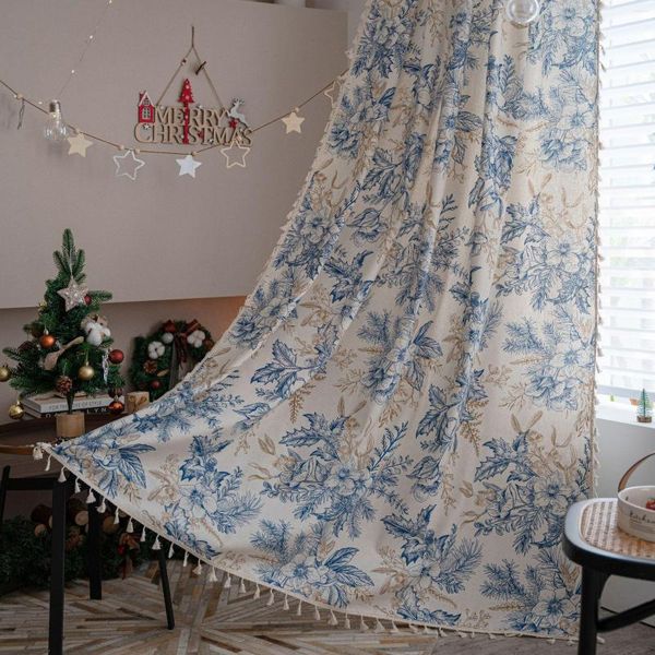 Tenda in tessuto di lino in cotone tende finestra stampata blu per soggiorno tende finite decorazione camera da letto casa