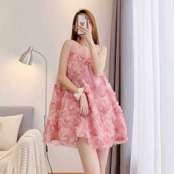 Frauen süße süße lässige Kleider Gaze gepatcht o-gar ärmellose 3d Rose Blume Lose Palazzo Dessinger Kleid Smlxl