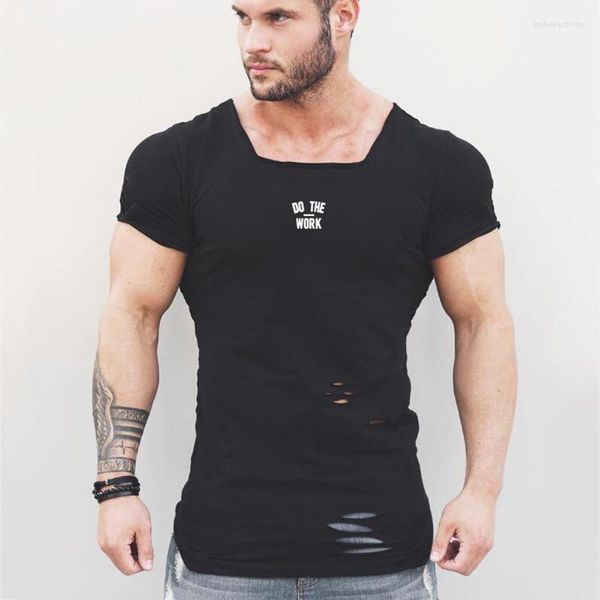 T-shirt da uomo Abbigliamento fitness estivo Camicia di compressione T-shirt da uomo con foro strappato T-shirt slim fit da uomo Palestre Hip Hop T-shirt attillata