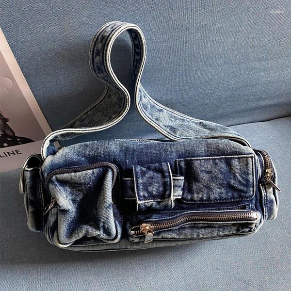 Sacos de noite Denim Moto Bike Underarm Bag para Mulheres Designer de Luxo Bolsa e Bolsa 2023 em Vintage Simples Ombro Múltiplos Bolsos
