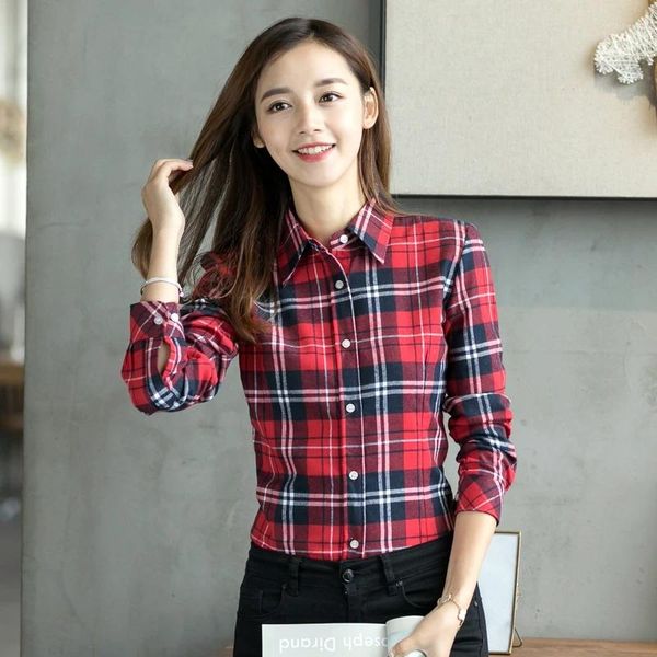 Frauen Blusen 2023 Feine Baumwolle Kariertes Hemd Weibliche College Stil Langarm Flanell Blusas Dame Elegante Tops Kleidung