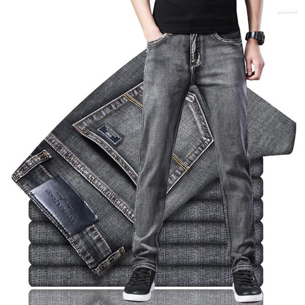 Jeans masculinos 2023 primavera reta clássico azul preto cinza denim elástico regular ajuste masculino estiramento negócios estilo casual calças