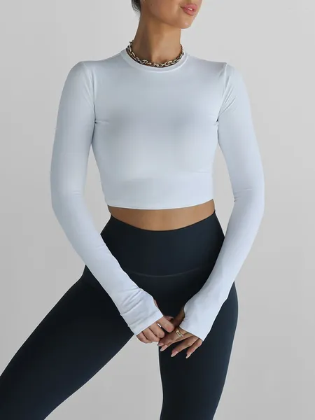 T-shirt da donna Top da allenamento corto da donna Autunno Slim Tinta unita Foro per il pollice Manica lunga Yoga Camicia atletica per lo sport Palestra Corsa