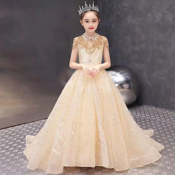 Blumenmädchen mit goldener Kristallperlen applizierte Hochzeit Tutu Kleider Kinder Teenager Festzugsgeburtstagsfeier Kleid für Wed Cooktail Kleid 403