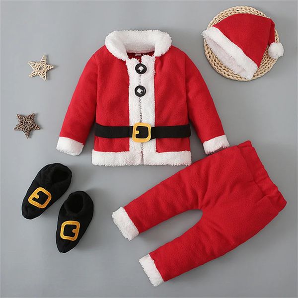 Pyjamas Baby-Weihnachtsoutfits Kleinkind Junge Mädchen Weihnachtsmann-Kostüm Langarm-Oberteil Hose Mütze und Sockenanzug Weihnachtskleidung 231121