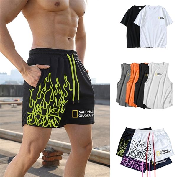 Herren Shorts Casual Sommer Fitness Flame Print Ice Silk Cooles einfaches Kurzarm T-Shirt ärmellos schnell trocknend Weste 230421