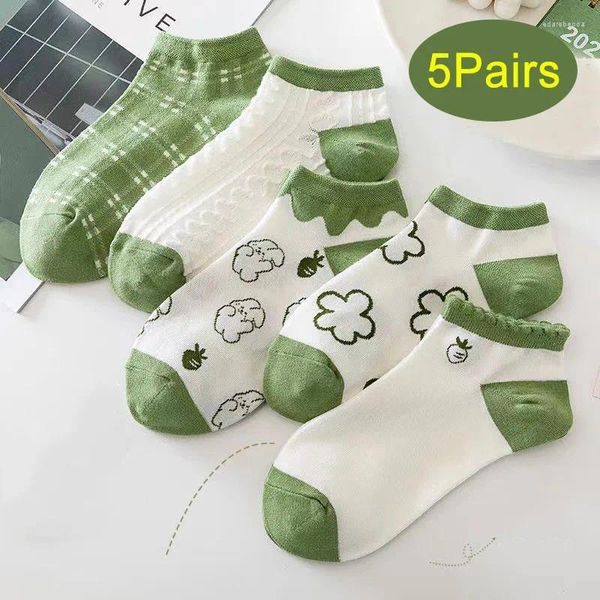Frauen Socken 5 Paar Grün Für Mode Niedrigen Rohr Boot Atmungs Cartoon Kurze Calcetines Sommer Süße Nette Harajuku