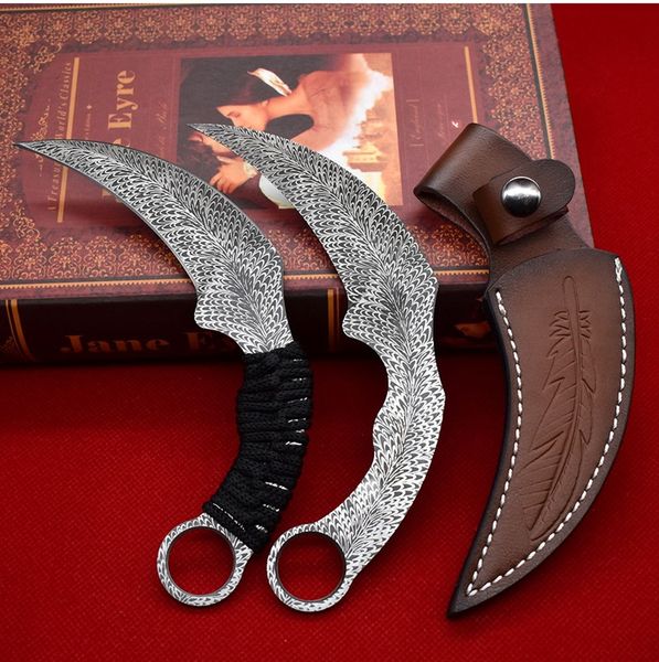 A1901 Karambit Knife 420C Laser Pattern Blade Full Tang Paracord Griff Fixed Blade Tactical Claw Messer mit Lederscheide