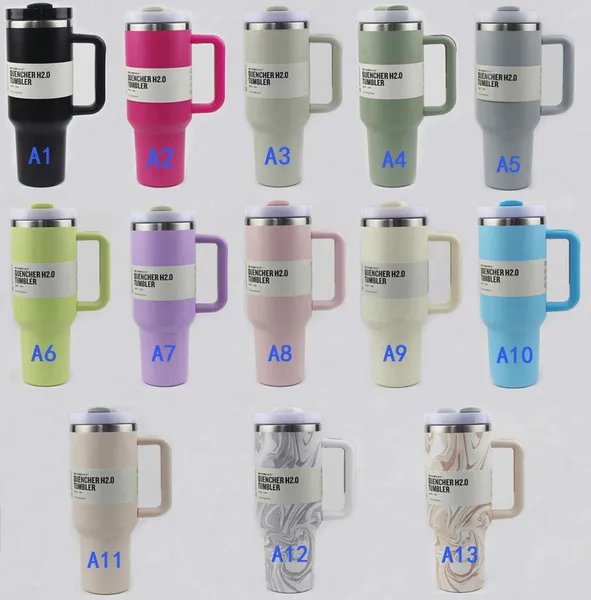 Pronto para enviar Quencher 40 onças Tumblers H2.0 Copos de aço inoxidável Alça de silicone Tampa de palha Carro de 2ª geração Canecas de 40 onças Garrafas de água 20 cores H0236