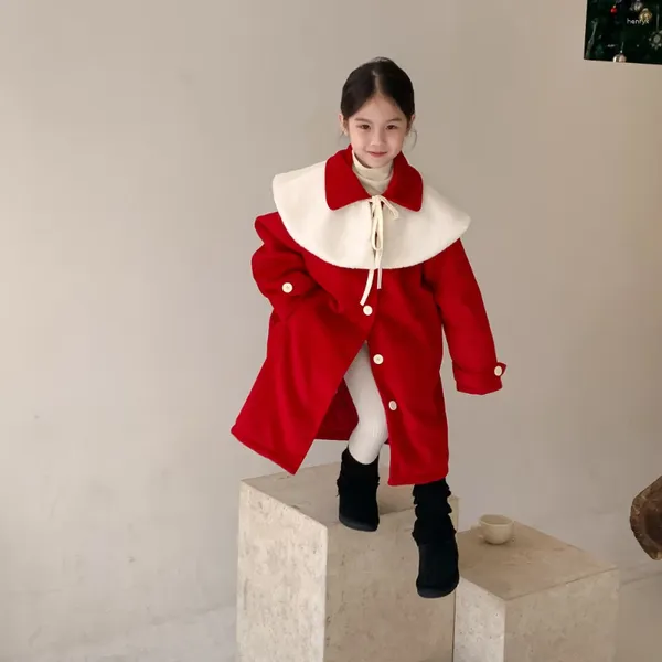 Casaco de inverno crianças menina longo algodão turn down collar retalhos crianças jaqueta de lã vermelha casual grosso quente da criança