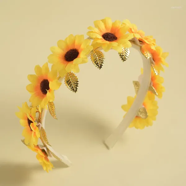 Accessori per capelli Fasce per ragazze con girasole carino Dolce stile coreano Corona di fiori per bambini Fasce per capelli con ghirlanda di perle giornaliere Cerchio per testa da principessa