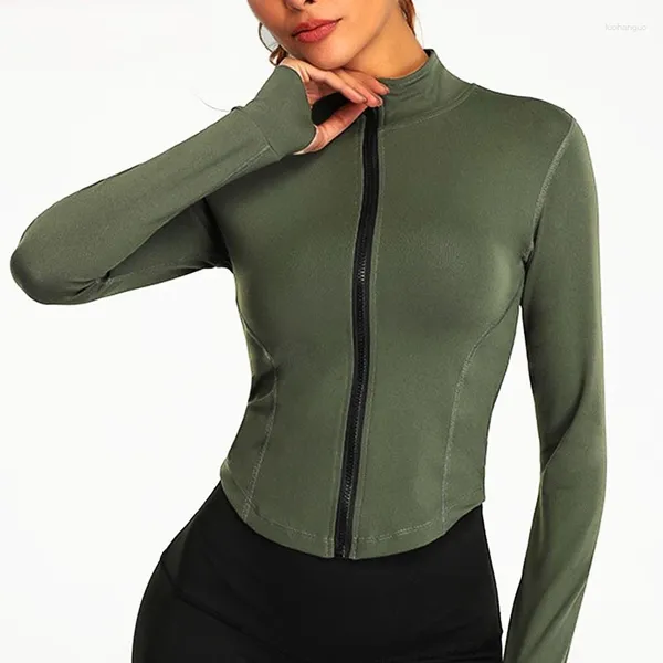 Camisas ativas Aiihuug Mulheres Full Zip-up Yoga Top Workout Running Jackets com buracos para polegares elásticos de manga comprida Crop Tops Activewear