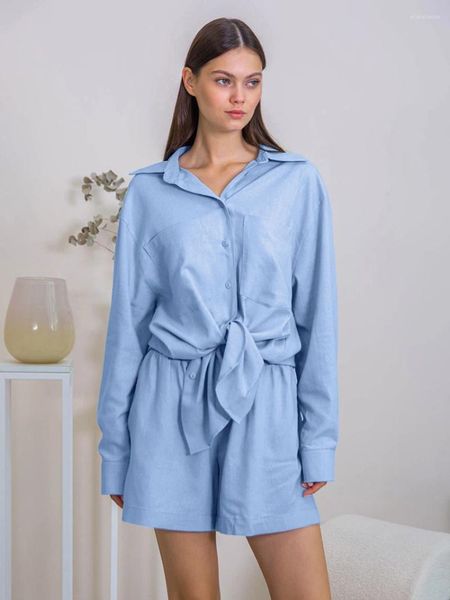 Damen-Nachtwäsche, Marthaqiqi, lockeres Damen-Nachthemd, Anzug, Langarm-Nachtwäsche, Umlegekragen, Shorts, Baumwolle, Damen-Pyjama, 2-teiliges Set