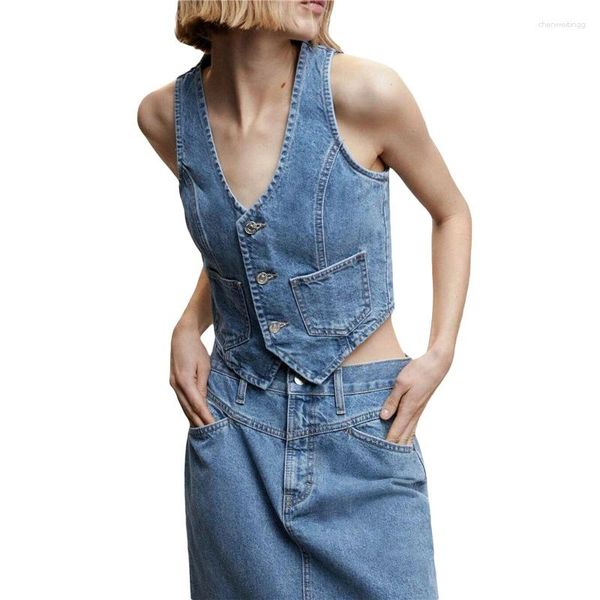 Gilet da donna Xingqing Jeans Gilet Donna Anni 2000 Tinta unita Scollo a V Cappotto senza maniche con bottoni Y2k Top corto estetico con tasche