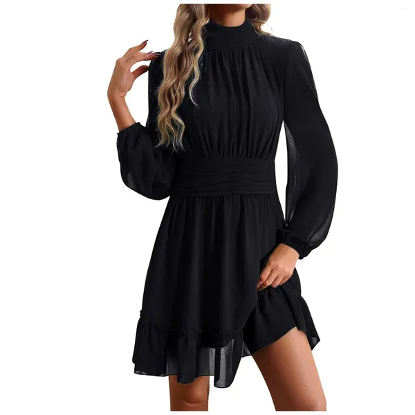 Vestidos casuais 2023 outono seda sólida chiffon vestido de manga comprida para mulheres solto ajuste cintura grande preto magro joelho comprimento a-line robe