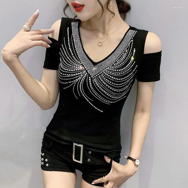 Женские футболки T #7310 Black Off The Plouds Tops для женщин сплайдированной сетка сексуальная женская футболка с бриллиантами v-образным вырезом летни