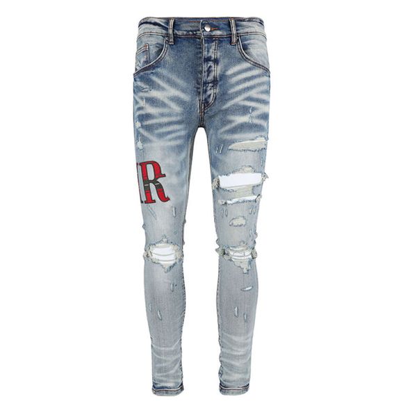 Nuovi jeans da uomo Distressed Motociclista jeans Rock Skinny amirs Slim Strappato lettera di marca di moda Pantaloni da uomo in denim di marca Pantaloni casual