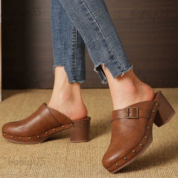 Sapatos de vestido Brand New Dropship 2023 Novas Mulheres Brown Buckle Decor Mules Chunky Heeled Elegante Bomba Vintage Comfy Mulheres Mules Sandálias Sapatos T231121