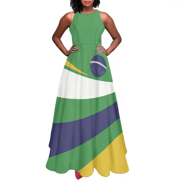 Casual Kleider Doginthehole Flagge von Brasilien Gedruckt Damen Langes Kleid Hohe Taille Frauen Ärmellose Elegante Stil Mädchen Swing 2023