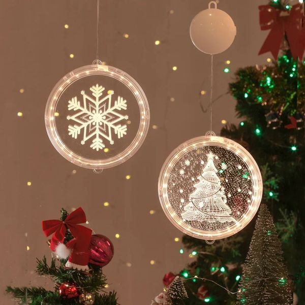 Decorações de Natal Decoração de janela 3D LED Acrílico Ventosa Luzes Elk Bells Papai Noel Flocos de neve Árvore Boneco de neve Lâmpada para decoração de quarto 231120