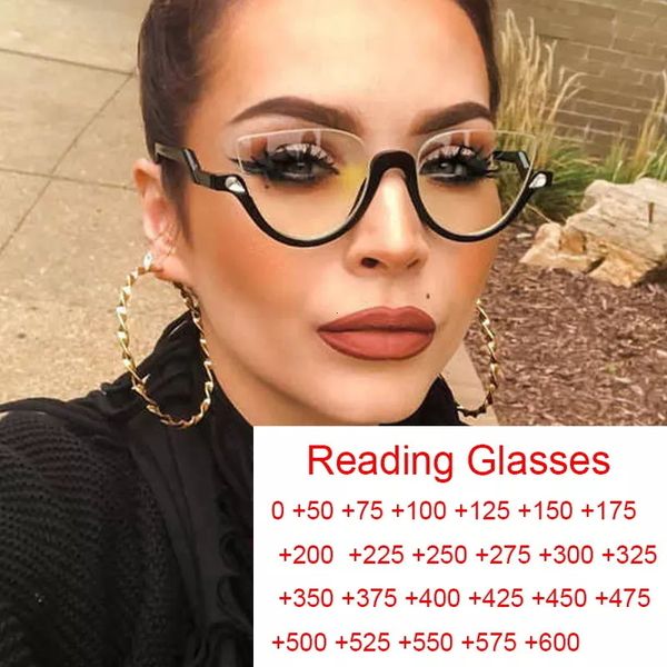 Occhiali da lettura Luxury Brand Half Frame Cat Eye Occhiali da lettura Donna Anti Blue Light Occhiali da vista Ipermetropia Wearglass 1.5 2.5 6 230421