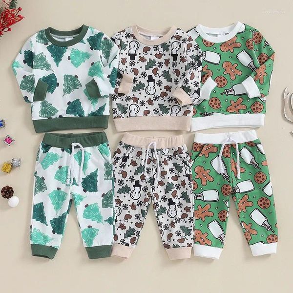 Giyim Setleri Toddler Erkek Kızlar Noel Kıyafetleri Ağaç/Kardan Adam/Gingerbread Adam Baskı Sweatshirts Pants 2 PCS Sonbahar Giysileri Seti