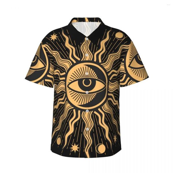 Camisas casuais masculinas de manga curta sol e olho pentagrama esotérico camisa praia roupas personalidade topos