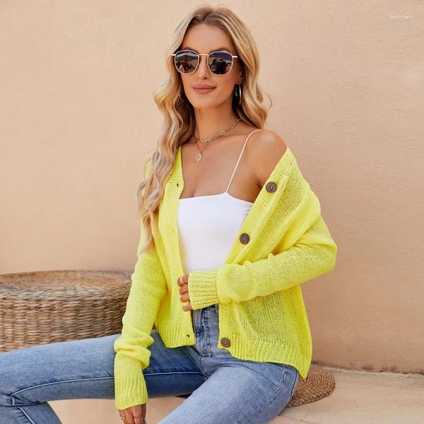 Malhas femininas 2023 cardigan primavera e verão manga casual malha casaco fino fluorescente com decote em v