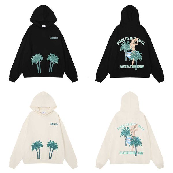 Rhude Meichao Coconut Tree Beach Beauty Print High Weight Terry Hip Hop Unisex Casual Kapuzenpullover