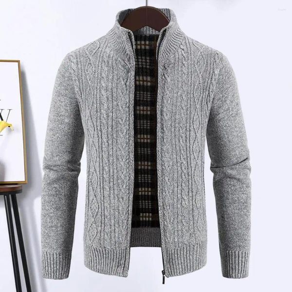 Suéter masculino outono inverno jaqueta de malha espessada crochê gola quente casaco macio fecho de zíper manga comprida casual cardigan suéter