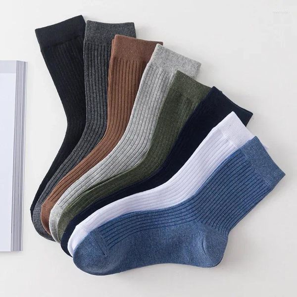 Meias masculinas casuais cor sólida outono inverno algodão tricô elástico longo homem negócios masculino preto branco cinza azul sox