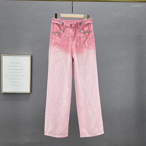 Jeans femininos soltos para mulheres calças rosa 2023 Spring High Diamante