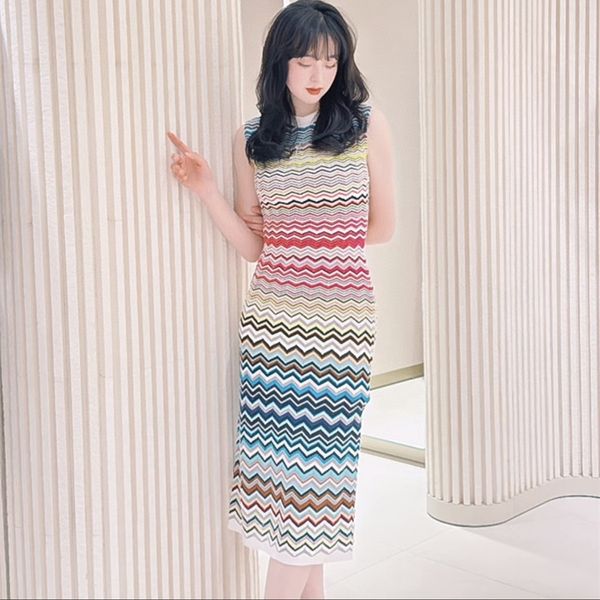 designer dress womens designer clothing dresses for woman Knitted Round Collar Striped Rainbow Color Knee Length Dress Elegant Clothes Summer