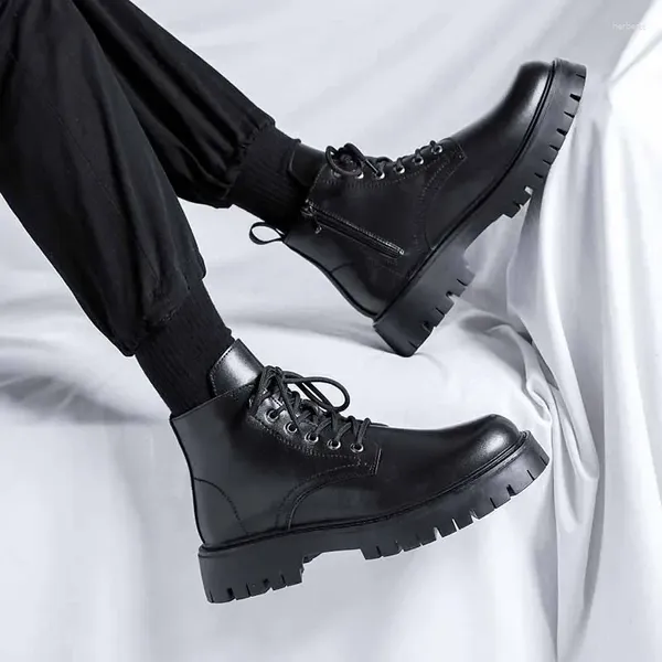 Botas masculinas plataforma casual negócios escritório formal vestido de couro genuíno sapatos preto cowboy bota na moda tornozelo botas hombre mans