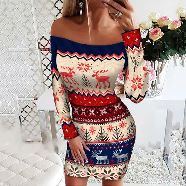 Casual Kleider Frauen Elch Schneeflocke Drucken Weihnachten Kleid Weihnachten Bodycons Mini Rundhals Langarm Jahr Party Robe Femmes